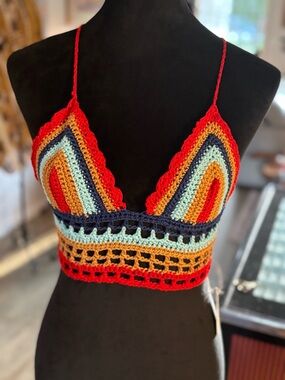 Handmade Multicolor Crochet Bralette Camisole - Red Accent